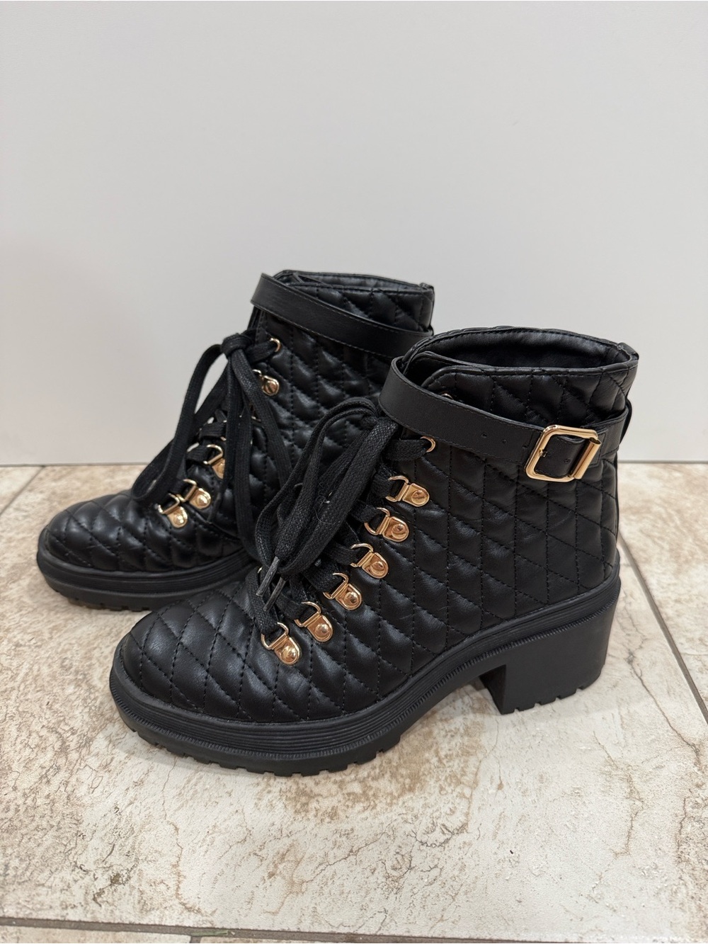 Forever 21 Black Quilted Lace-Up Ankle Boots with Gold Buckle
